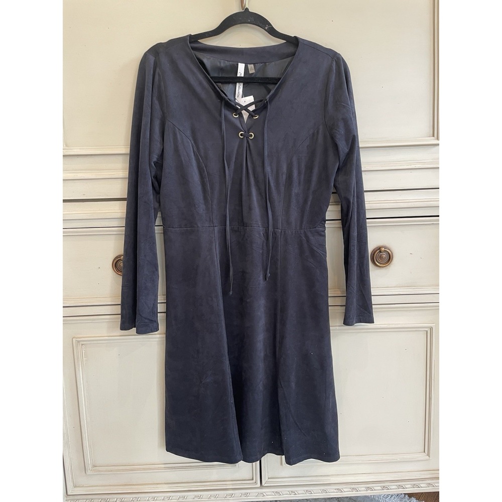 NY Collection Black Suede Midi‎ Dress Lace Up Neck Long Sleeve NWT $70